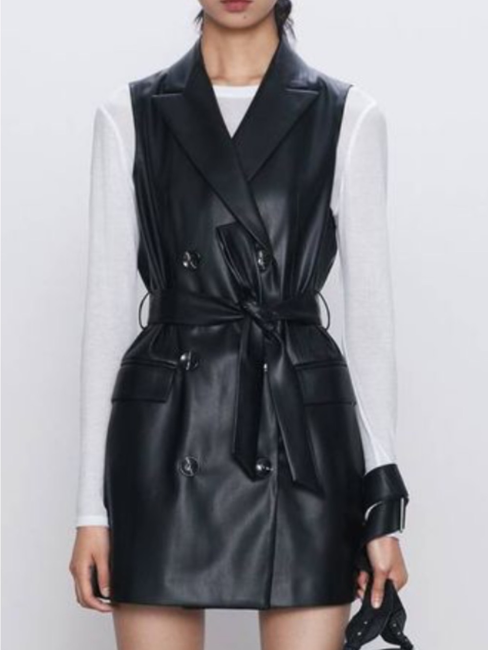 Zara Black Faux-Leather Sleeveless Trench Vest with Tie Belt